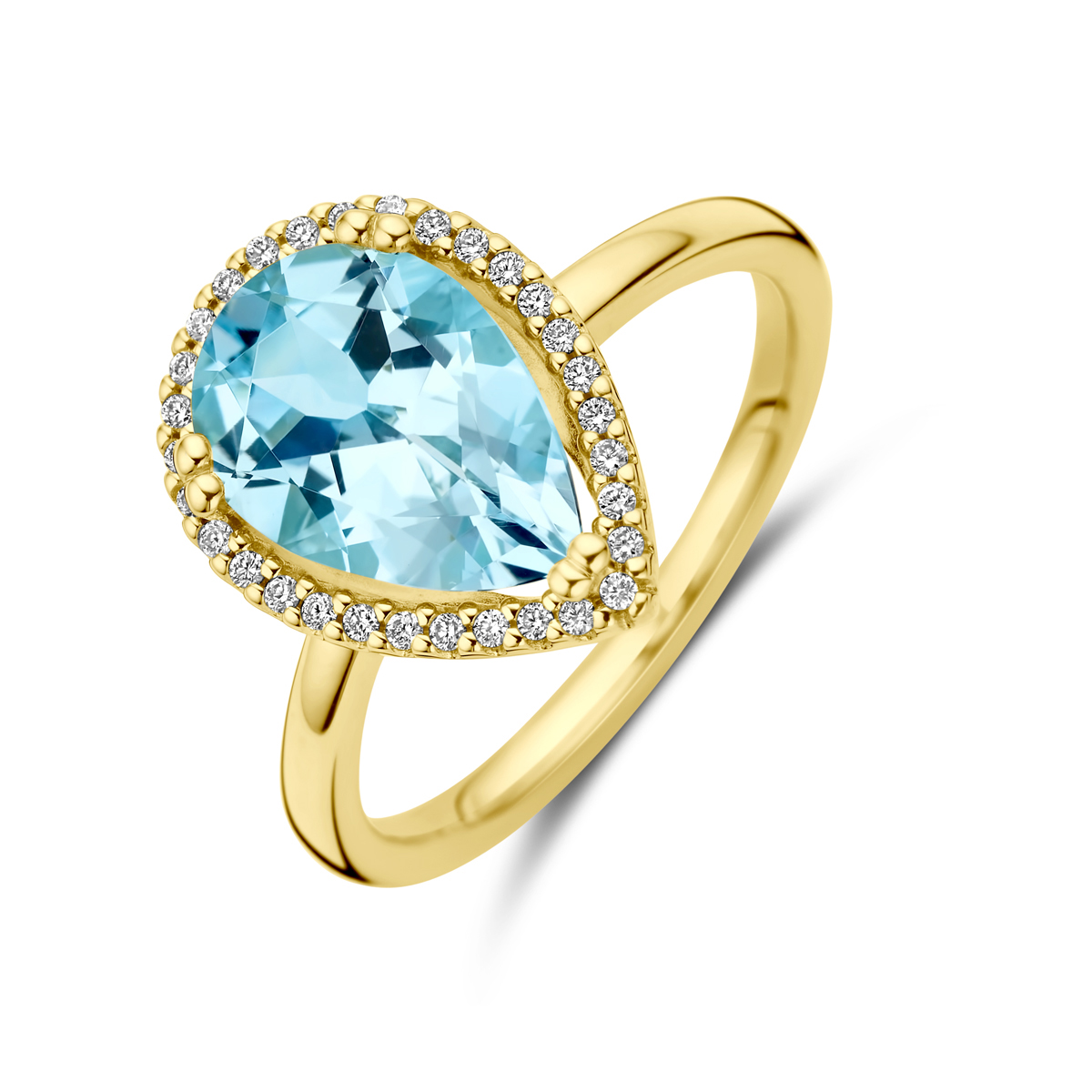 14k Geelgouden ring uitgevoerd met sky blue topaas en diamanten. De ring heeft een breedte van 15mm. Het diamantgewicht is 0.12ct.
