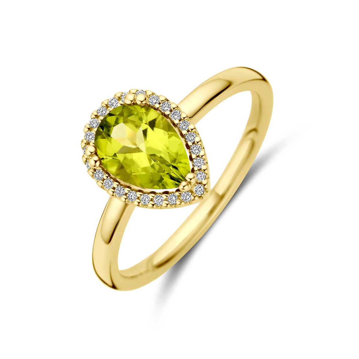 14k Geelgouden ring uitgevoerd met peridot en diamanten. De ring heeft een breedte van 11.5mm. Het diamantgewicht is 0.08ct.
