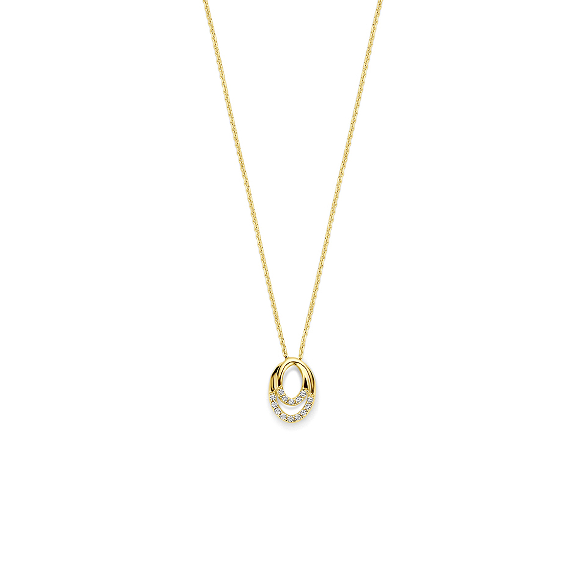 14k Geelgouden collier uitgevoerd met zirkonia. Het collier heeft een draaglengte van 40-42-44cm.&nbsp;