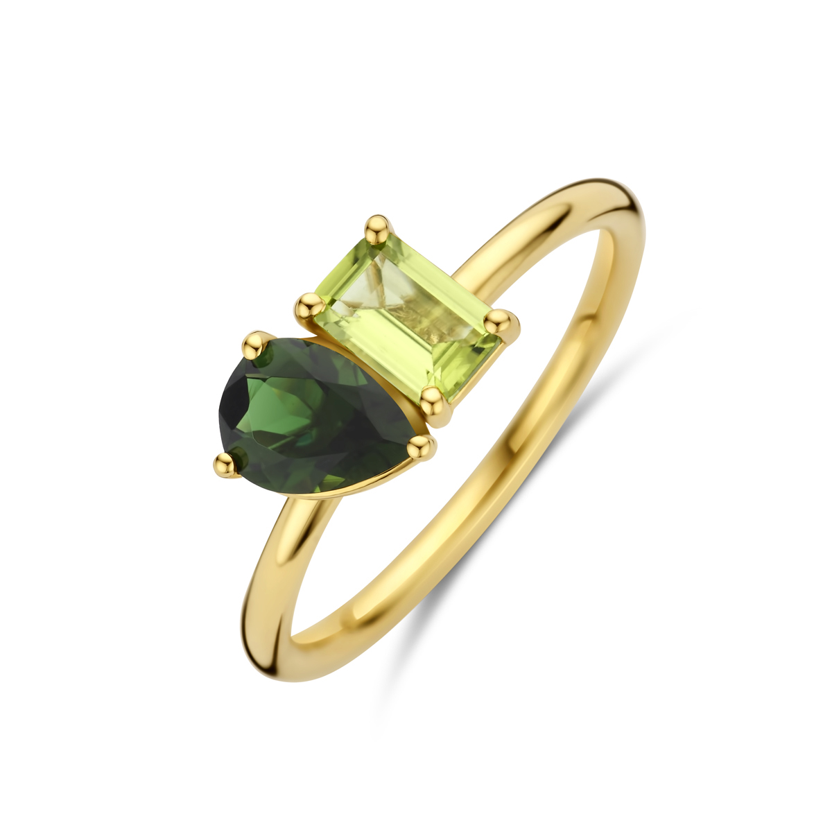 De 14 karaats Ring toi-et-moi peridot en groene toermalijn is een prachtige gouden ring met een groene toermalijn in peervormige slijpvorm. Met zijn schitterende glans en verfijnde vorm is deze ring perfect voor elke gelegenheid. Het beste te dragen om een verfijnde en elegante uitstraling te accentueren, vooral bij formele bijeenkomsten.