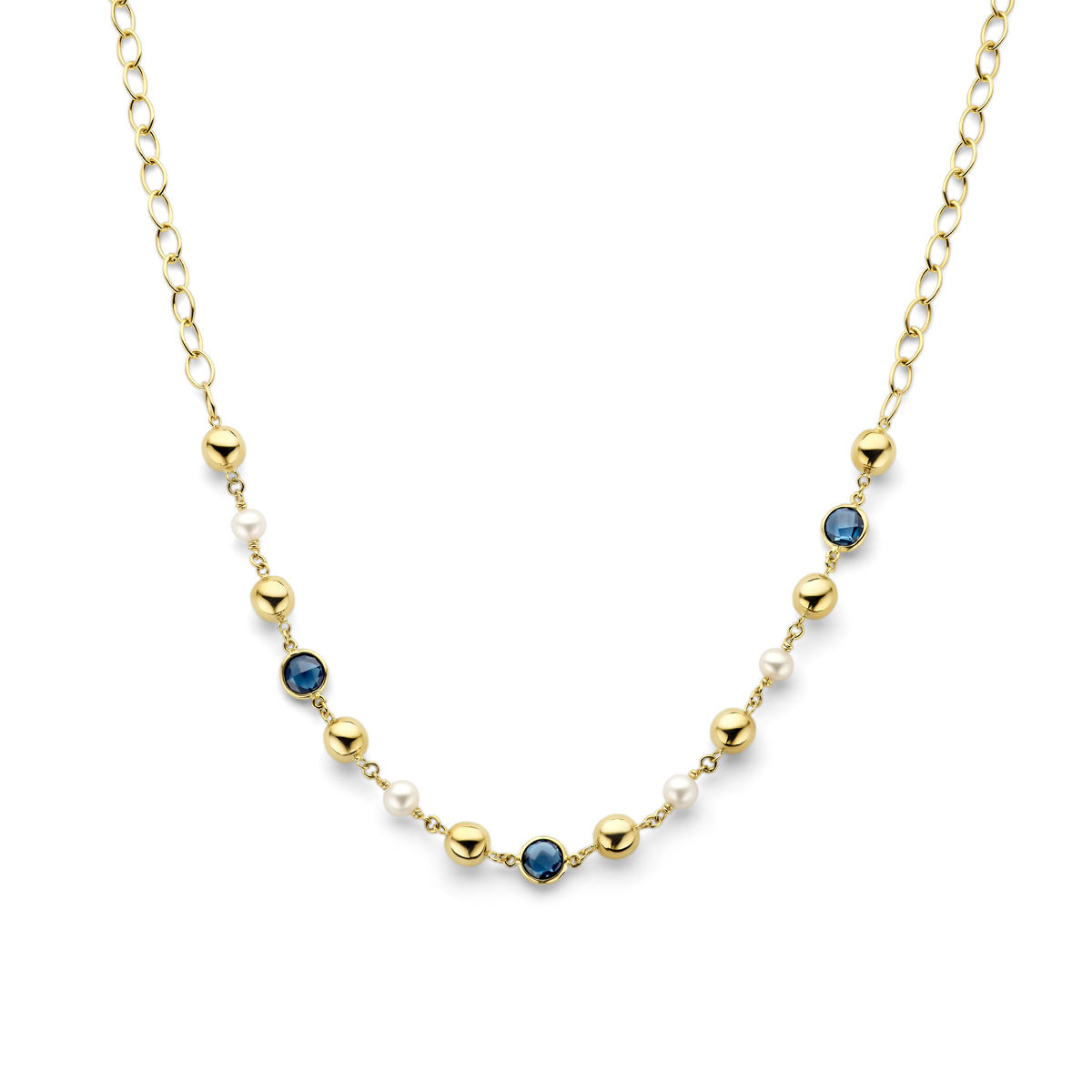 14k Geelgouden collier uitgevoerd met bolletjes, parels en london blue topaas. Het collier heeft een draaglengte van 43cm en is uitgevoerd met karabijnsluiting.