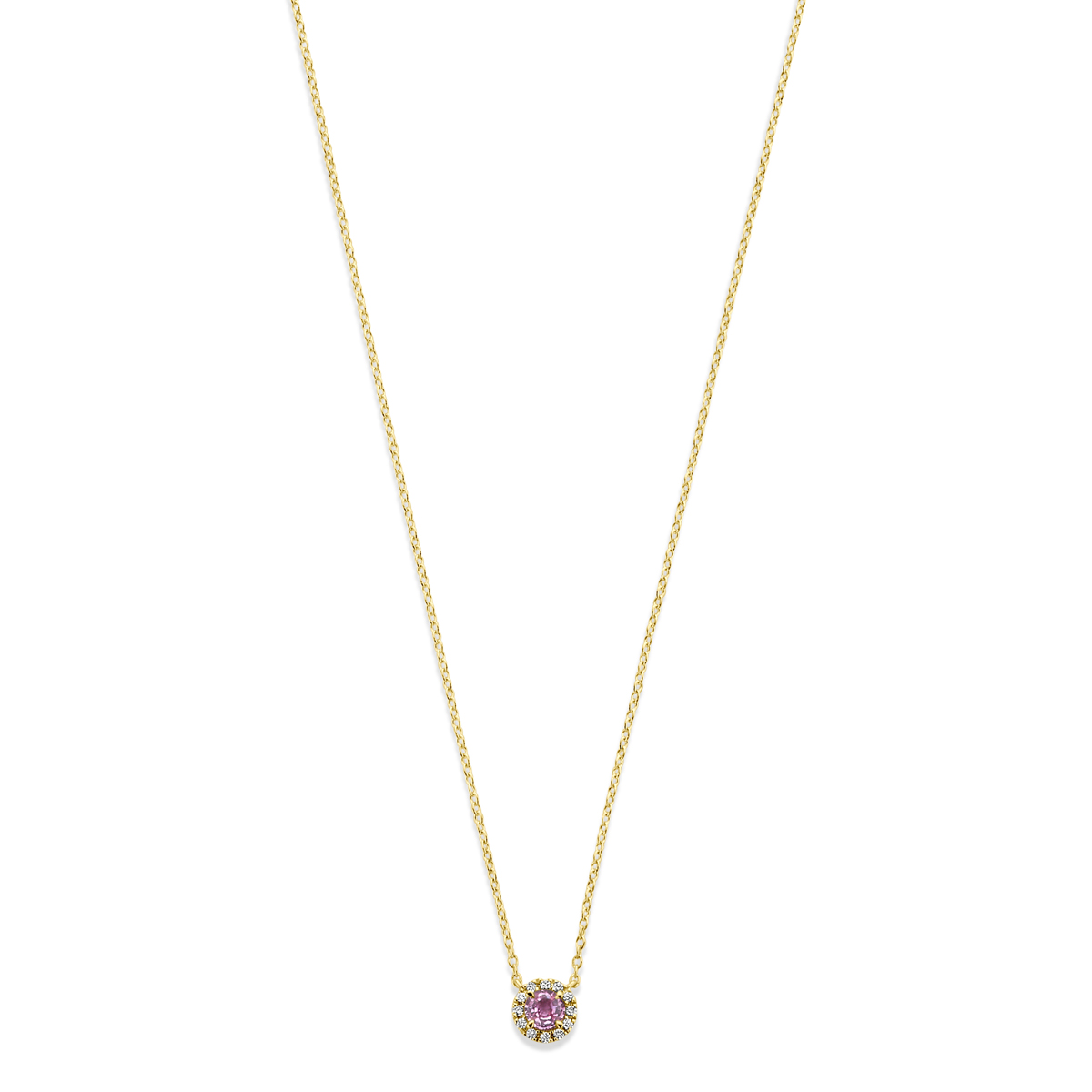 14k Geelgouden collier uitgevoerd met roze saffier en diamant. Het collier heeft draaglengtes van 41-43-45cm. Het totale diamantgewicht is 0.04ct. Uitgevoerd met karabijnsluiting.