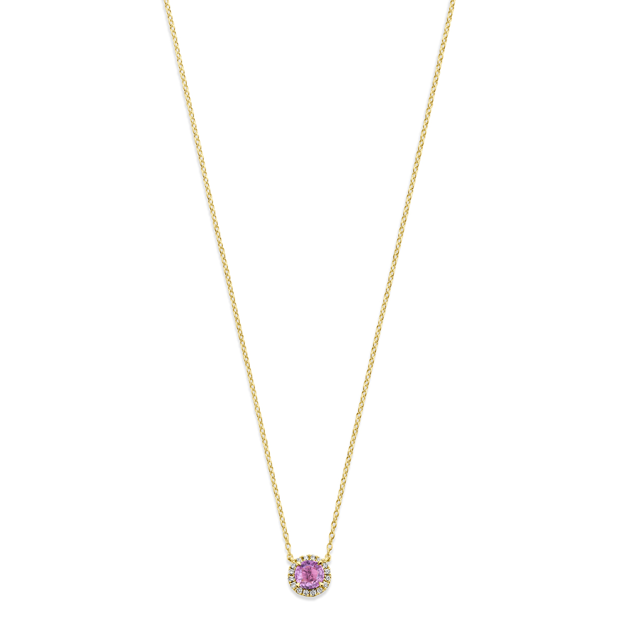 14k Geelgouden collier uitgevoerd met roze saffier en diamant. Het collier heeft draaglengtes van 41-43-45cm. Het totale diamantgewicht is 0.05ct. Uitgevoerd met karabijnsluiting.