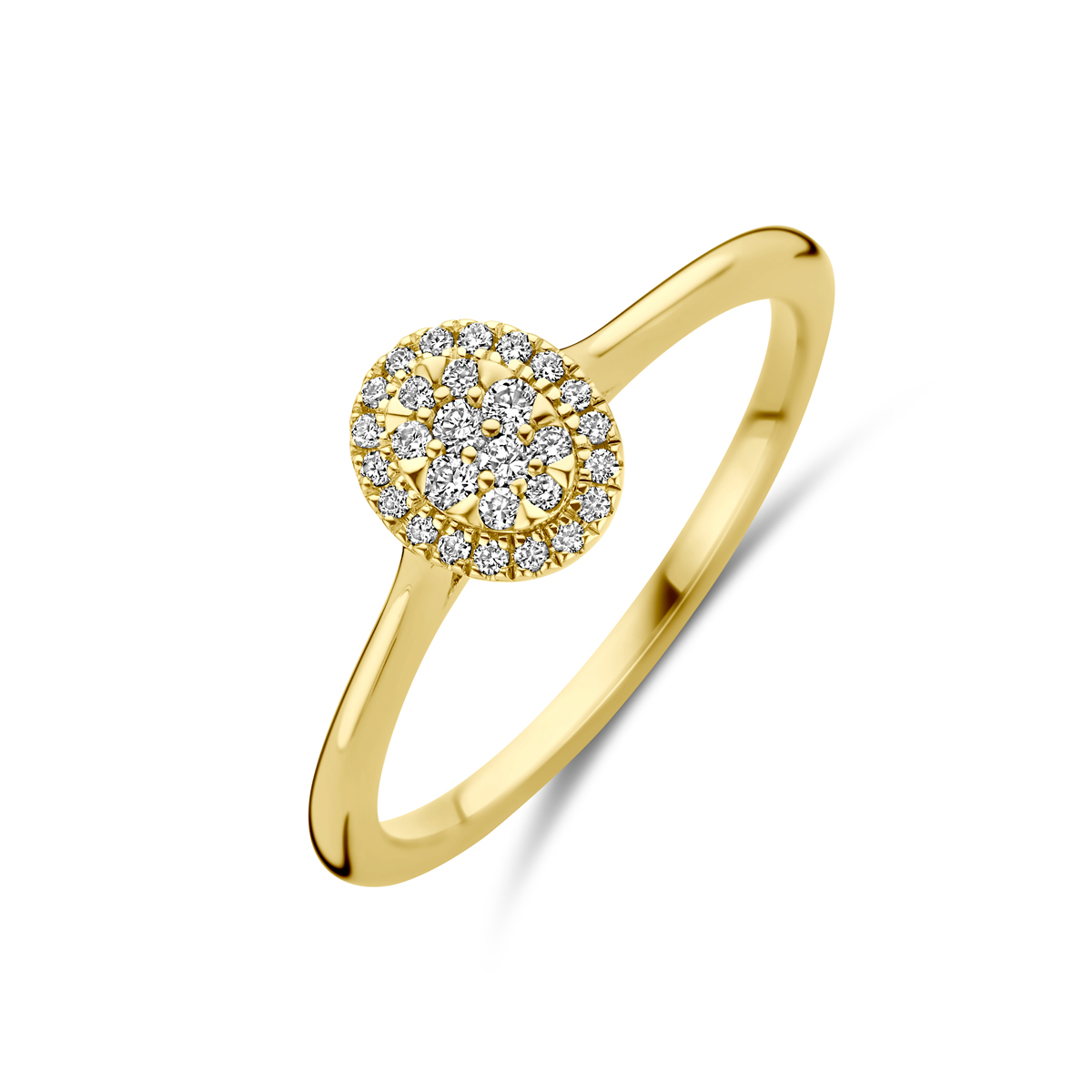 14k Geelgouden ring uitgevoerd met diamant. De ring heeft een afmeting van 7.5x6mm. Het totale diamantgewicht is 0.13ct.