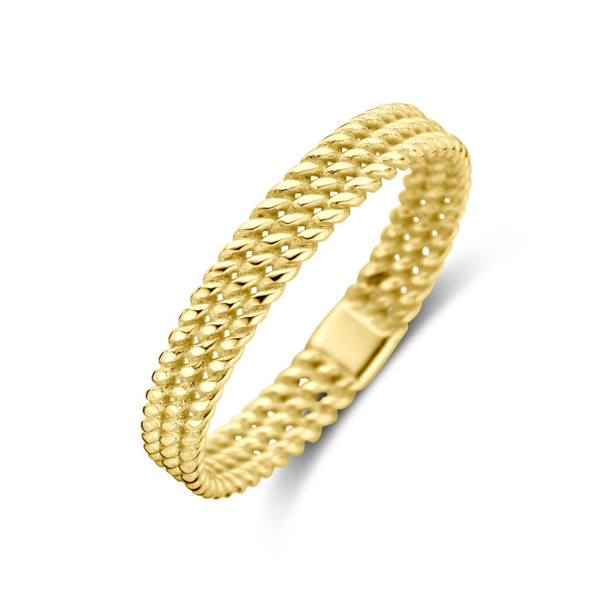 De Ring gevlochten, modelnummer 4032829, is een elegante gouden ring met een breedte van 3,5 mm, perfect voor dagelijks gebruik. Met een gewicht van 1,67 gram, glanst hij prachtig en is ideaal voor elke gelegenheid. Draag deze ring op een casual of chique outfit om je look compleet te maken. Maat: 54.