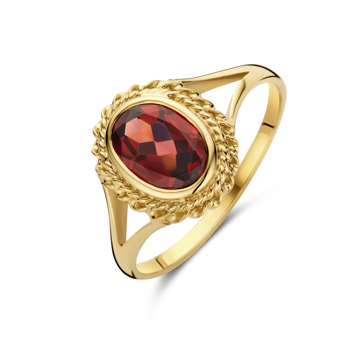 14k Geelgouden ring uitgevoerd met granaat. De ring heeft een breedte van 11.5mm.