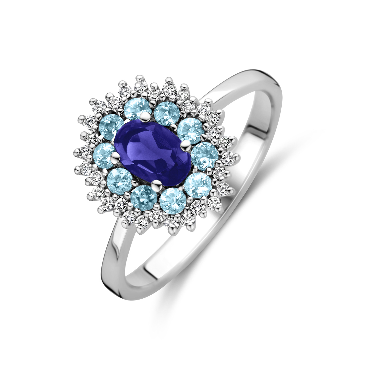 14k Witgouden ring uitgevoerd met ioliet, london blue topaas en diamant. De ring heeft een breedte van 13mm. Het totale diamantgewicht is 0.15ct.