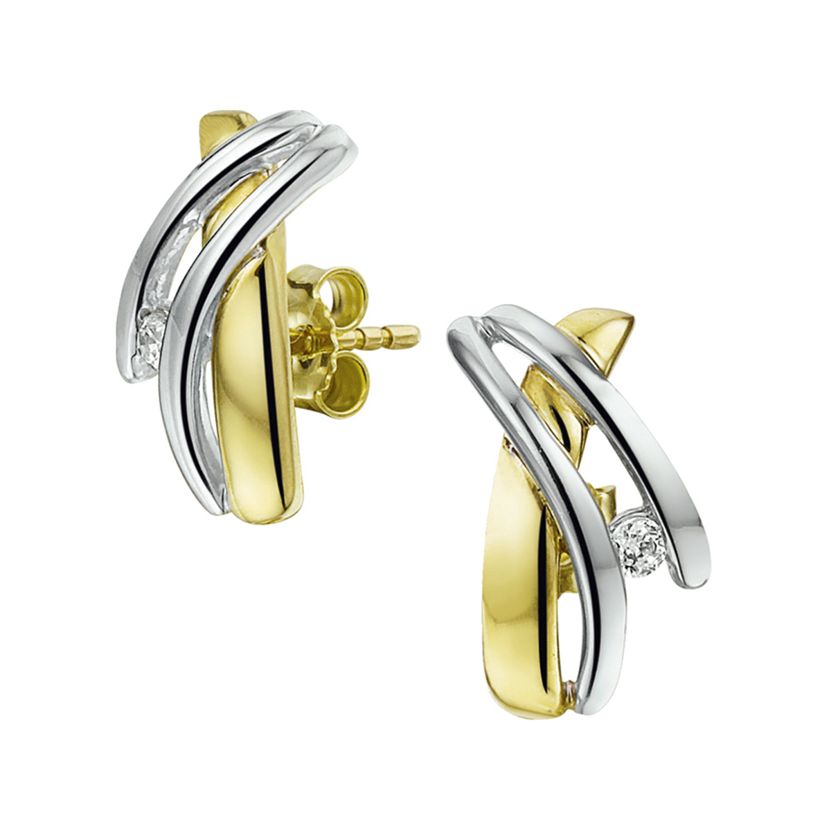 oorknoppen zirkonia 14K bicolor goud geel/wit