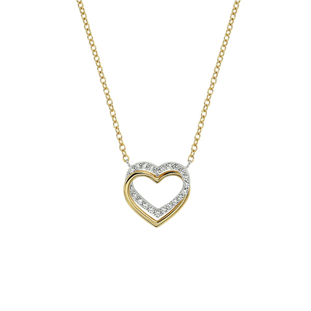 Geelgouden collier met harten en zirkonia. Het collier heeft draaglengtes van 40, 42 en 44 cm. De schakelbreedte is 1.3mm.