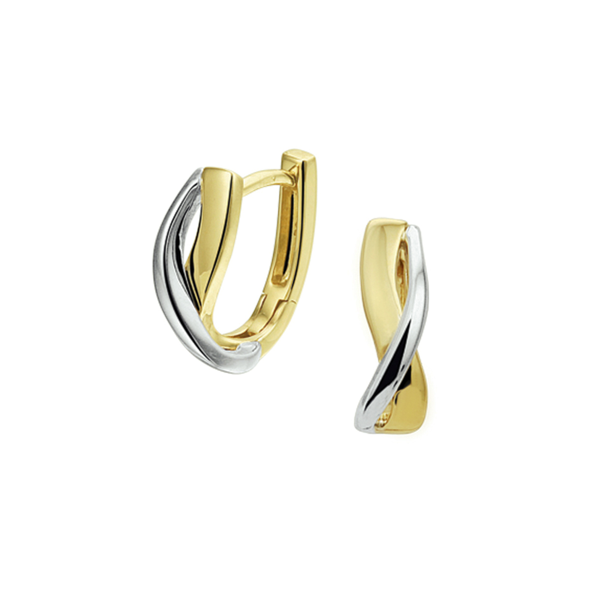 Luxe bicolor wit- en geelgouden klapoorringen van 12.5x4.5mm met een stevige scharnier sluiting. De klapoorringen zijn te combineren met bijpassende sieraden uit onze collectie.