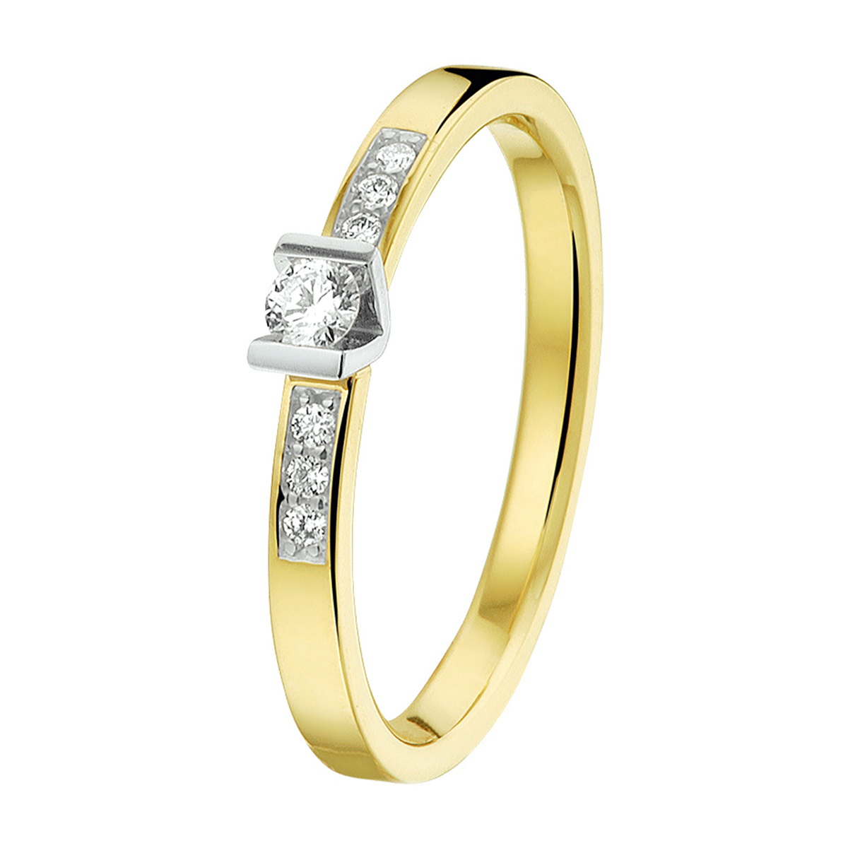 14k Bicolor geel- en witgouden ring uitgevoerd met een diamant rij. De ring heeft een breedte van 3.0mm en de solitair diamant heeft een diamantgewicht van 0.075ct.