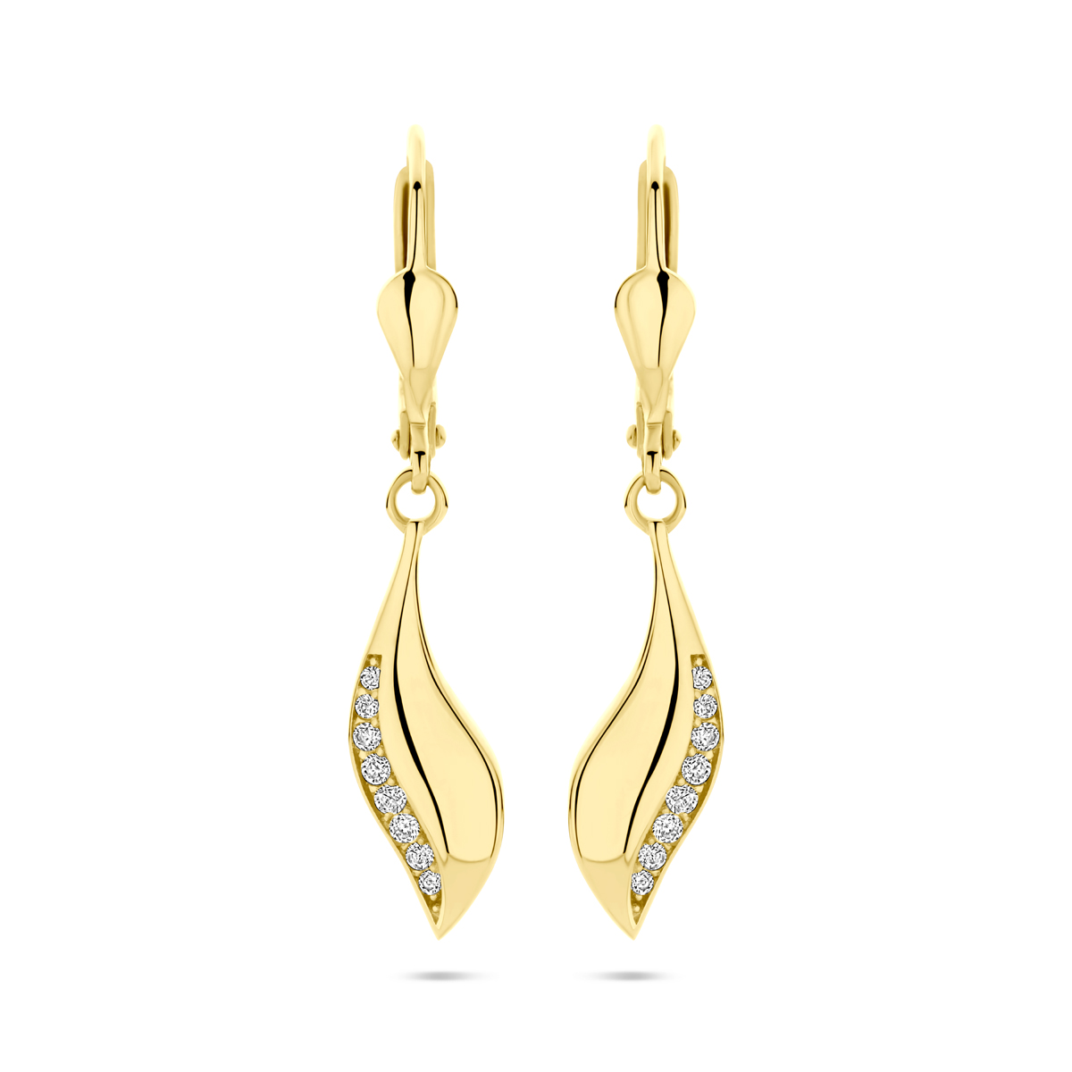 14k Geelgouden oorhangers uitgevoerd met zirkonia. De oorhangers hebben een totale hoogte van 32mm.