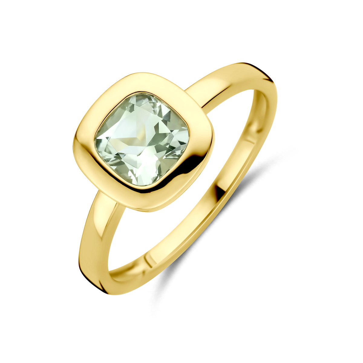 14k Geelgouden ring uitgevoerd met groen amethist. De ring heeft een afmeting van 9x9mm.