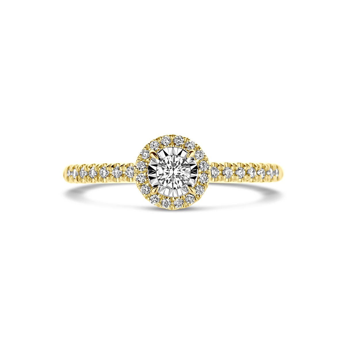 14k Geelgouden ring uitgevoerd met diamant. De ring heeft een diameter van 7mm. Het totale diamantgewicht is 0.22ct.