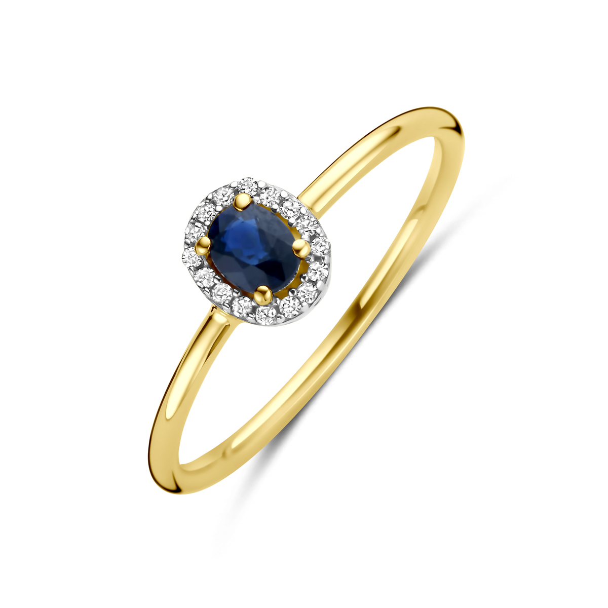 14k Geelgouden ring uitgevoerd met saffier en diamant. De ring heeft een afmeting van 6.5x5.5mm. Het totale diamantgewicht is 0.05ct.