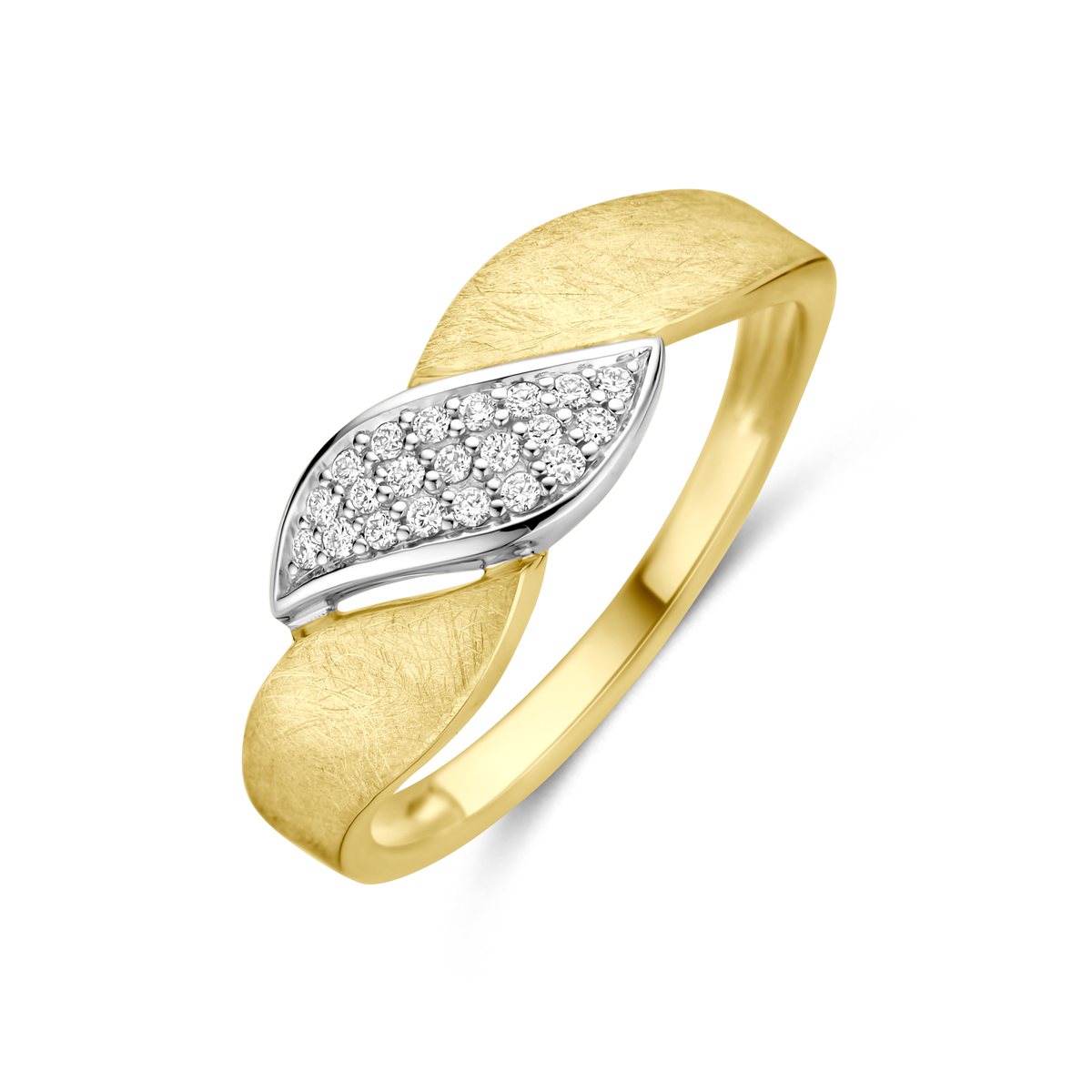 14k Bicolor geel en witgouden ring uitgevoerd met diamant. De ring heeft een breedte van 7mm. Het totale diamantgewicht is 0.08ct.