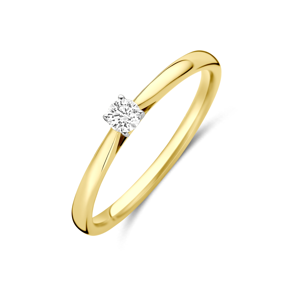 14k Bicolor geel- en witgouden ring uitgevoerd met een lab grown diamant met een totaalgewicht van 0.10ct.Lab grown diamanten zijn diamanten die ontstaan in een laboratorium. Onder extreem hoge druk en temperatuur wordt het natuurlijk ontstaansproces nagebootst met als eindresultaat een diamant met dezelfde chemische eigenschappen maar met een andere oorsprong.