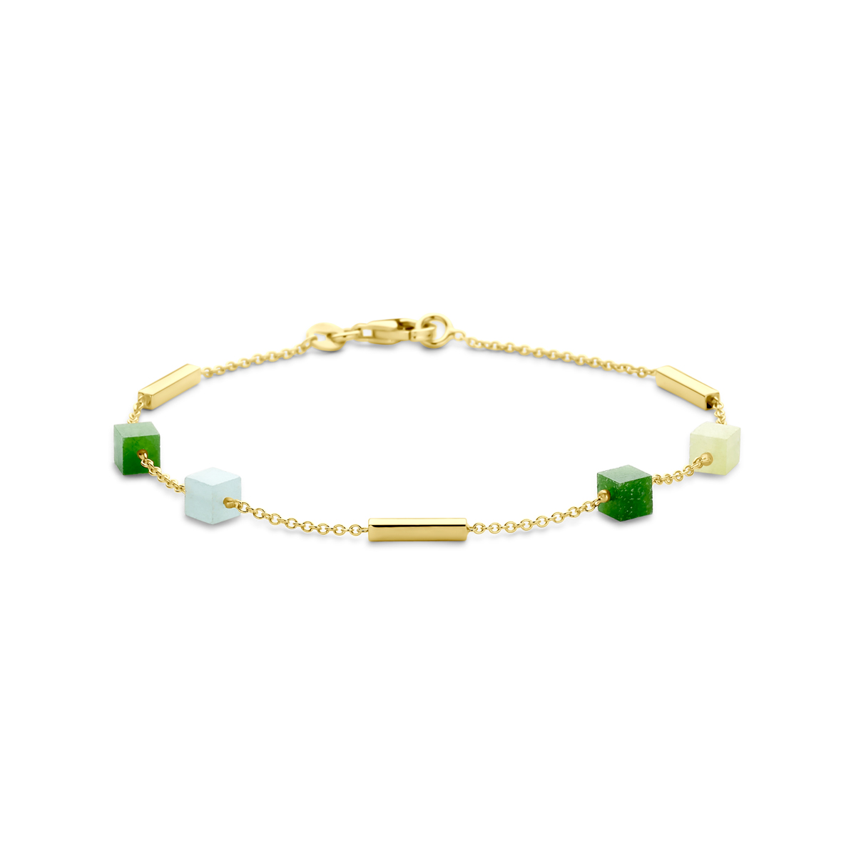 14k Geelgouden armband uitgevoerd met blauw en groen kwartsiet. De armband heeft een draaglengte van 19cm.