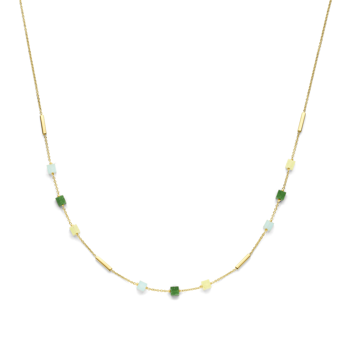 14k Geelgouden collier uitgevoerd met blauw en groen kwartsiet. Het collier heeft een draaglengte van 45cm.