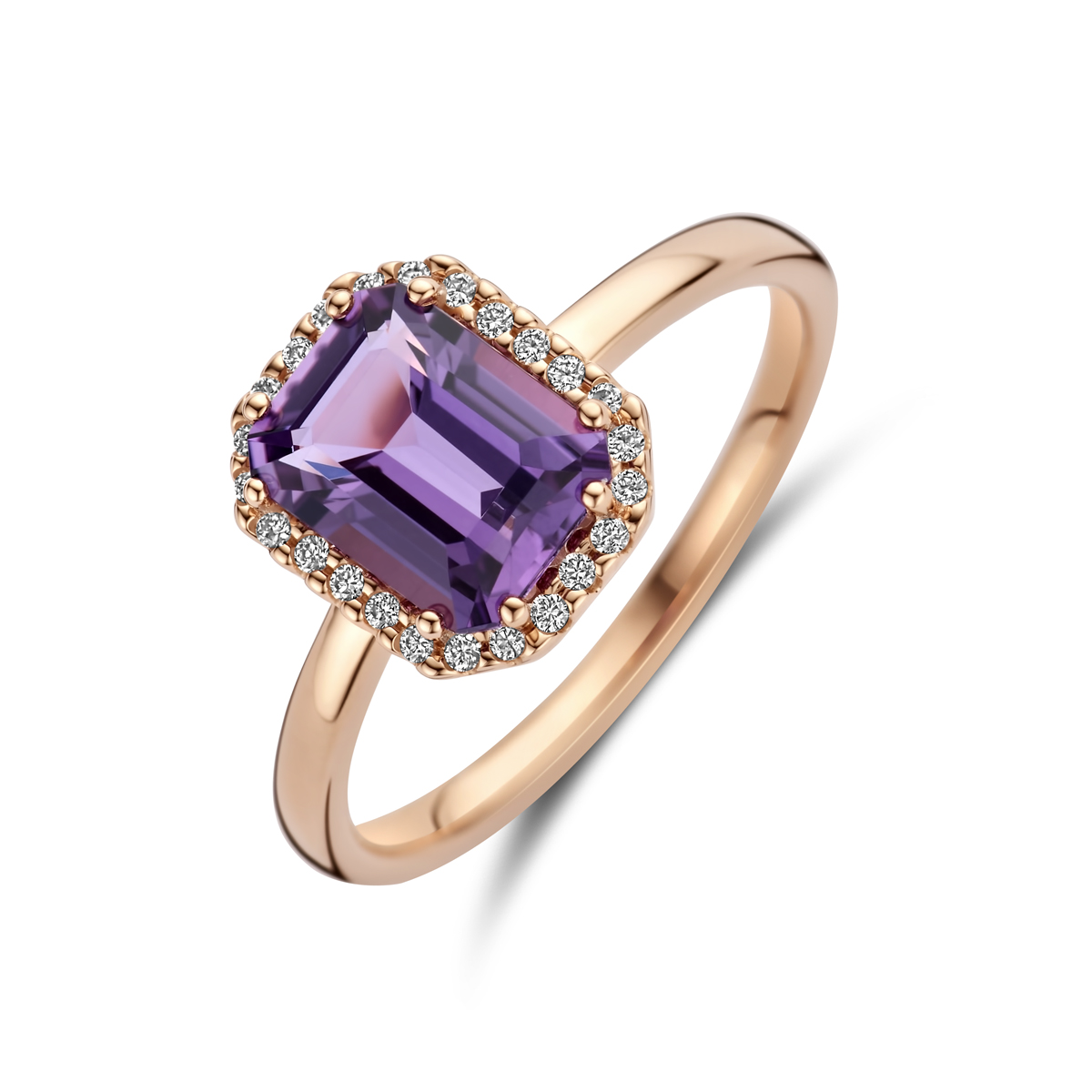 14k Rosegouden ring uitgevoerd met een schitterende diamant rij en een amethist. De ring heeft een breedte van 10.5mm.