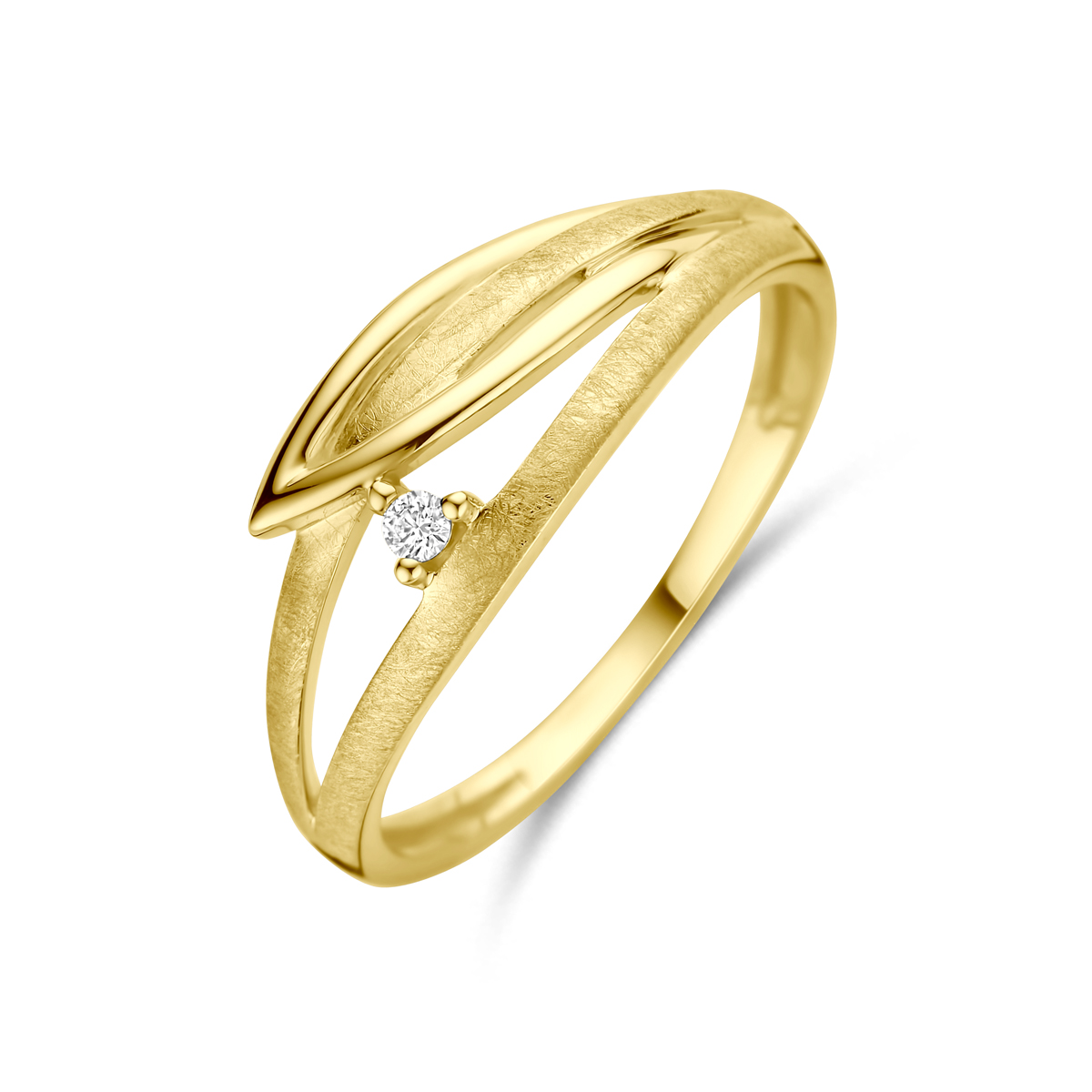 14k Geelgouden ring uitgevoerd met diamant. De ring heeft een breedte van 7mm. Het totale diamantgewicht is 0.02ct.