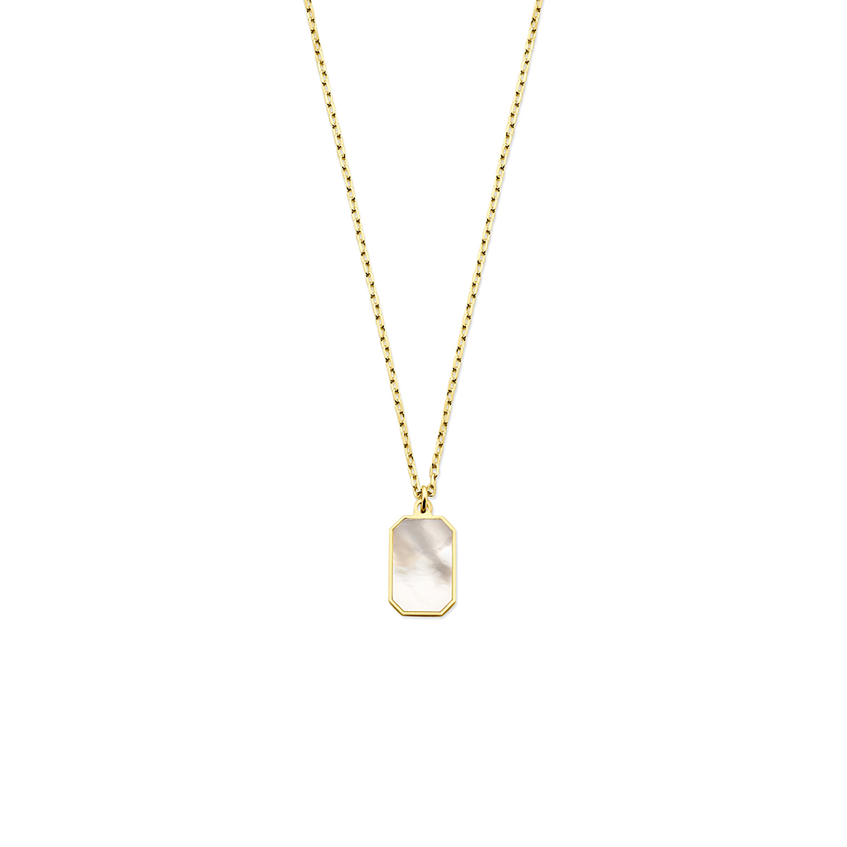 14k Geelgouden collier uitgevoerd met parelmoer. Het collier heeft draaglengtes van 40-42-44cm.