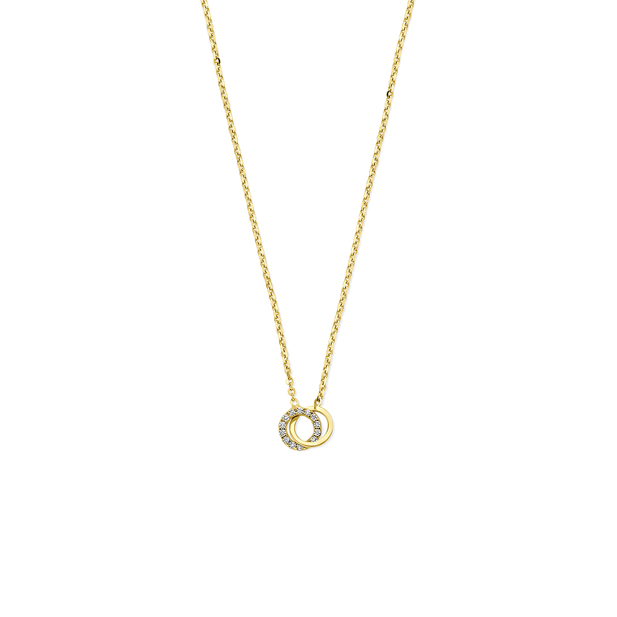 14k Geelgouden collier uitgevoerd met zirkonia. Het collier heeft draaglengtes van 40-42-44cm.