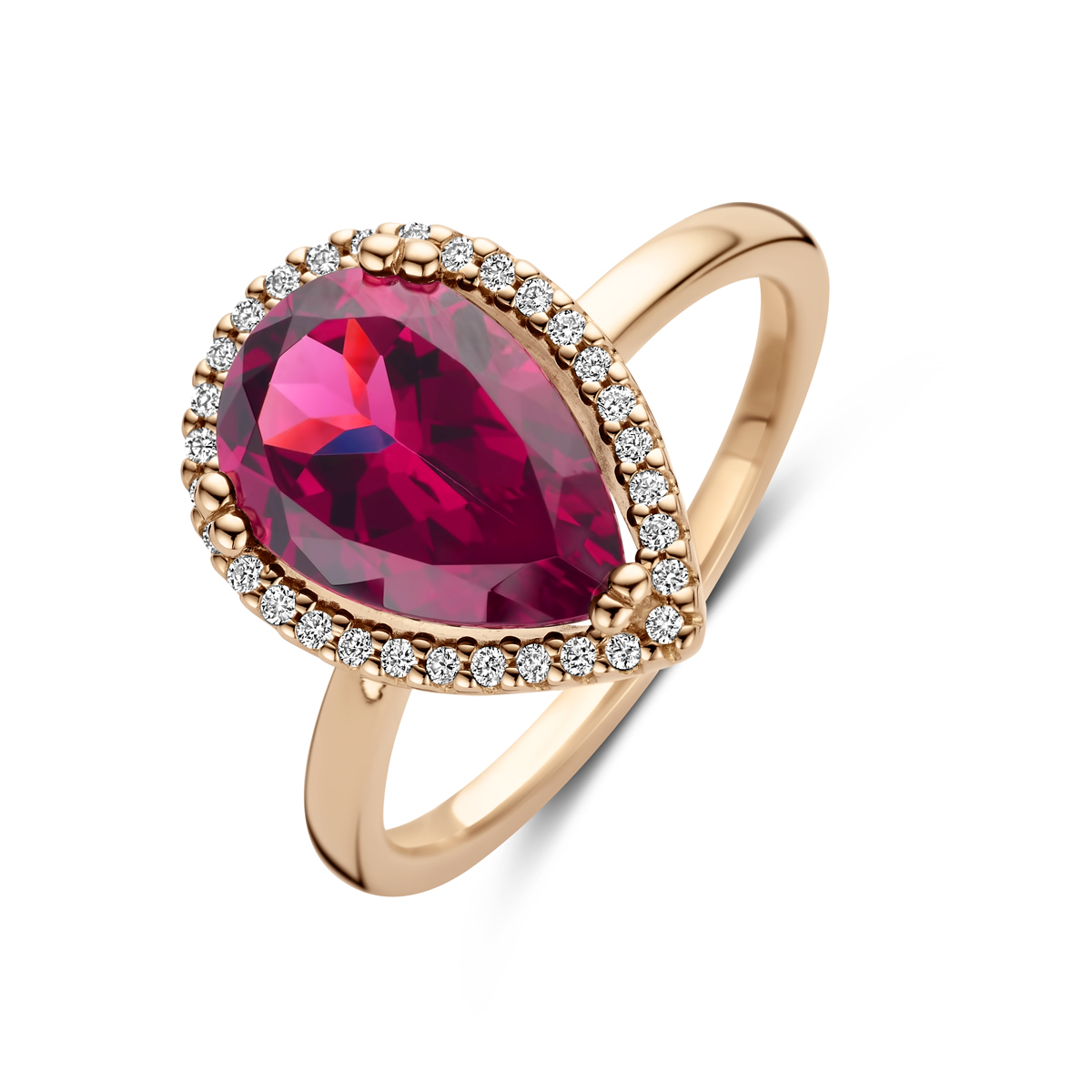 14k Rosegouden ring uitgevoerd met roze rhodoliet en diamanten. De ring heeft een breedte van 15mm. Het diamantgewicht is 0.12ct.