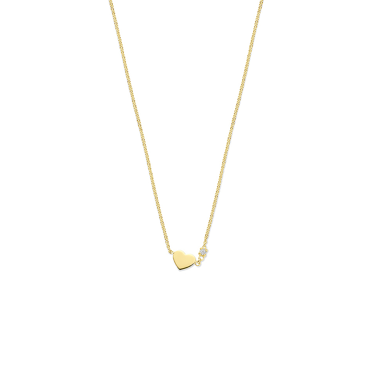 14k Geelgouden collier uitgevoerd met een hartje en diamant. Het collier heeft een draaglengte van 40cm met 4cm extensie. Het totale diamantgewicht is 0.02ct.