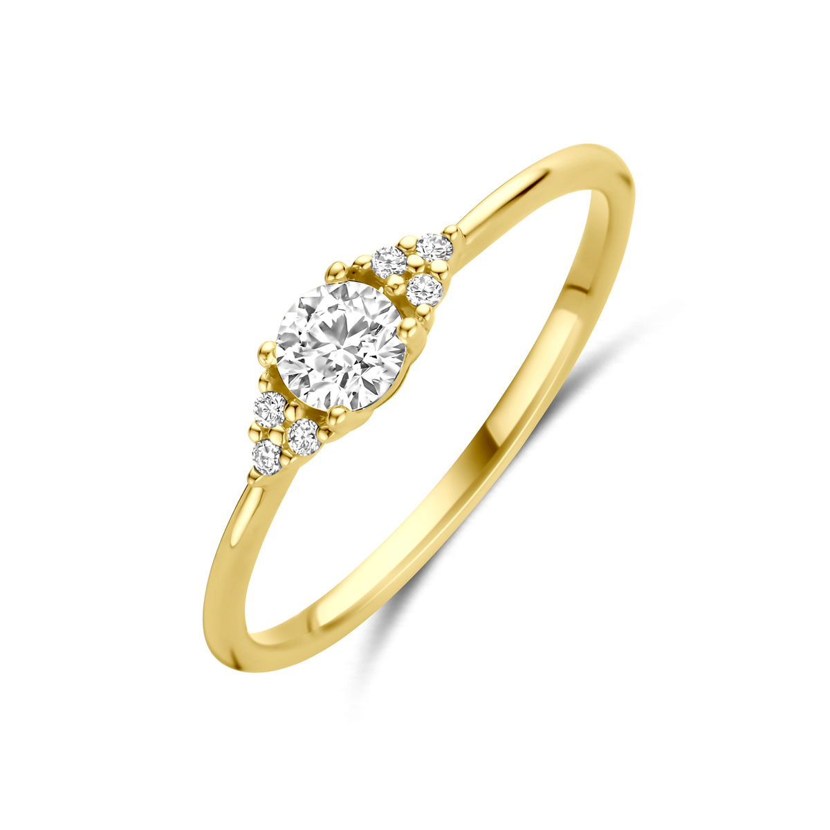 14k Geelgouden ring uitgevoerd met diamant. De steen heeft een diameter van 4mm. Het totale diamantgewicht is 0.28ct.