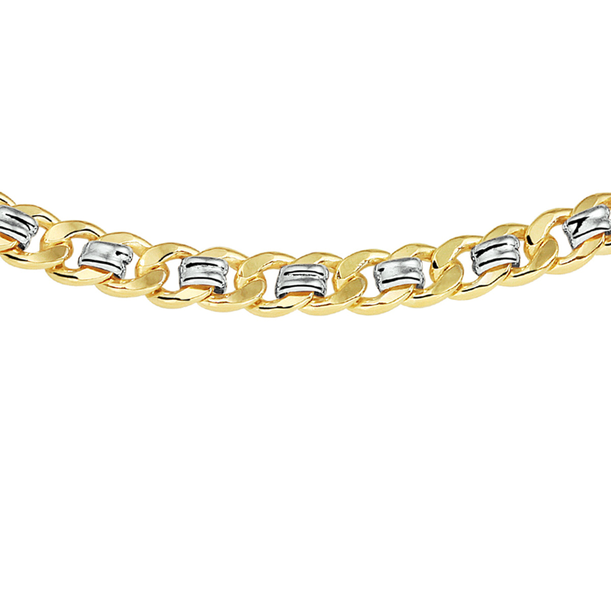 Sieraden van 14 karaat goud met daarin een kern van 925 zilver. Bicolor wit- en geelgouden collier met gourmette schakel. De schakelbreedte is 6.2mm.