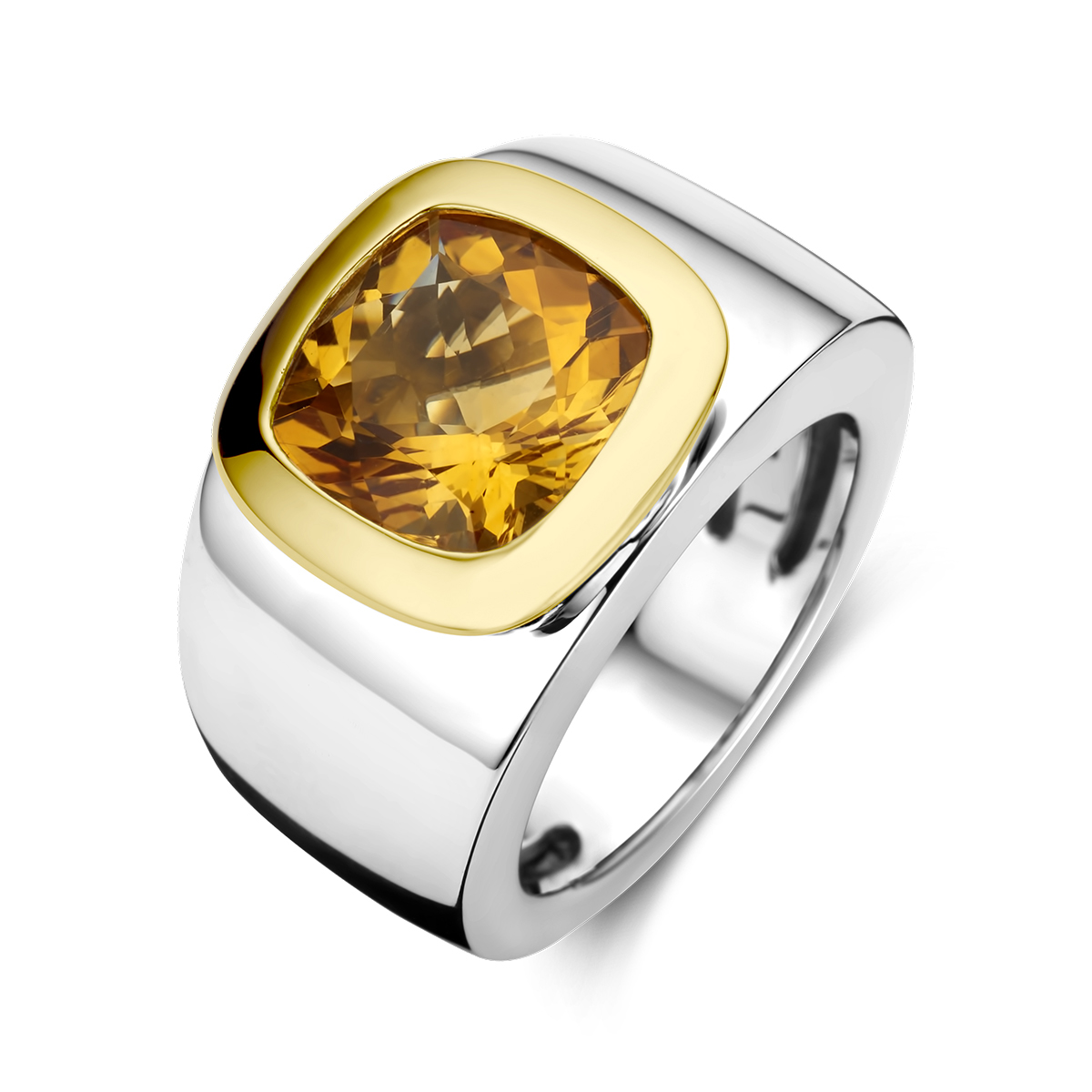 De Gouden en Zilveren Ring is een prachtige ring van zilver (14 mm breed) met een glanzende afwerking. De ring bevat een gele citrien edelsteen. Deze elegante ring, maat 55, is perfect om als statement-stuk te dragen voor speciale gelegenheden. Voeg een vleugje luxe toe aan elke outfit.