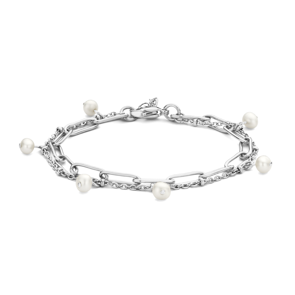 Stalen armband uitgevoerd met zoetwaterparels en een karabijn slot. De armband heeft een draaglengte van 16cm met een extensie van 3cm. De schakelbreedte is 4.0mm.