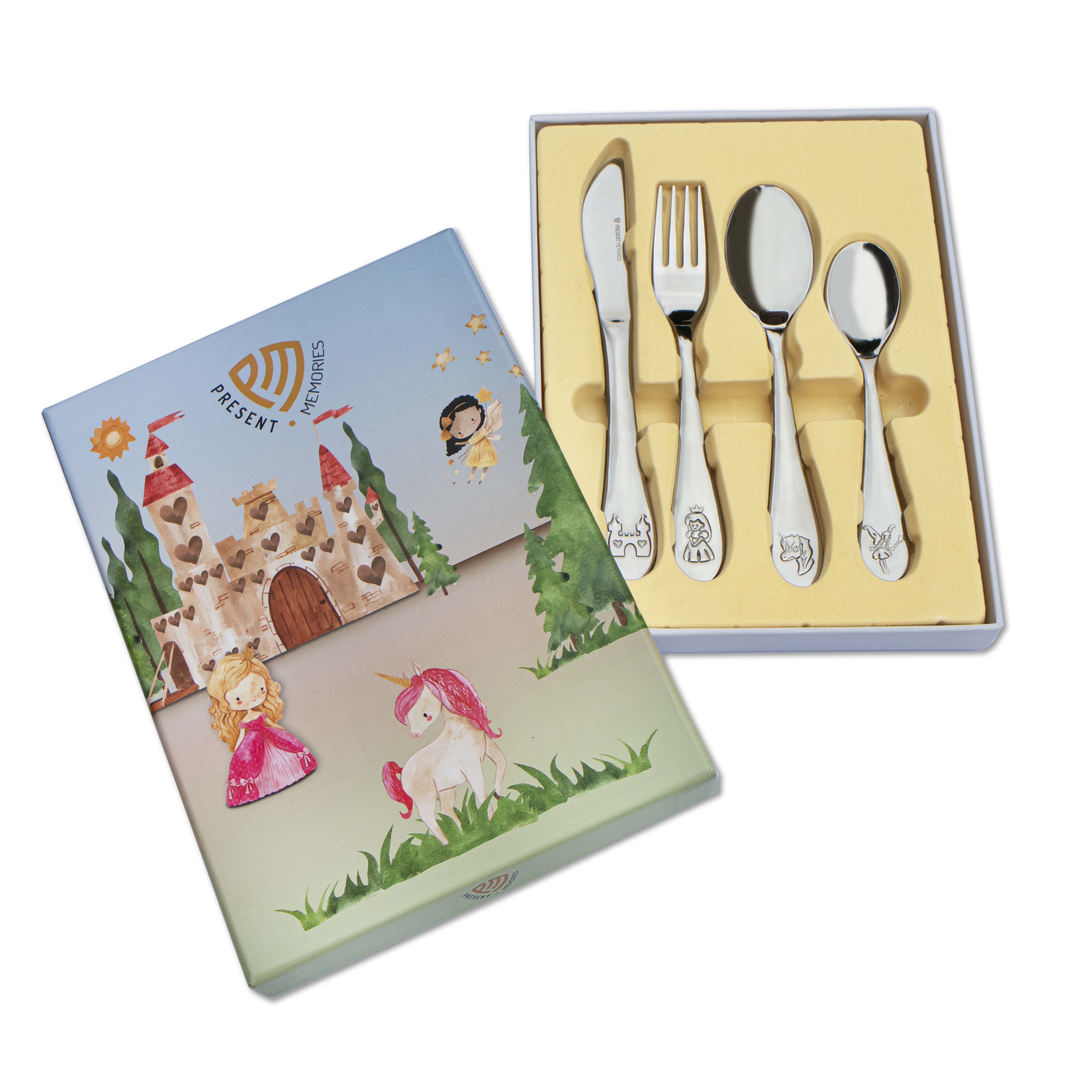 18/10 Stalen kinderbestek in een 4-delige set met een superleuk sprookjes thema. Leuk om aan de voor- en/of achterzijde te graveren. De set bestaat uit: een mes van 190x18mm, een vork van 172x22mm, een lepel van 170x34mm en een dessertlepel van 140x28mm.  Wegens hoge bezorgkosten wordt dit artikel alleen verstuurd bij een ordergrootte vanaf &euro;50,-.