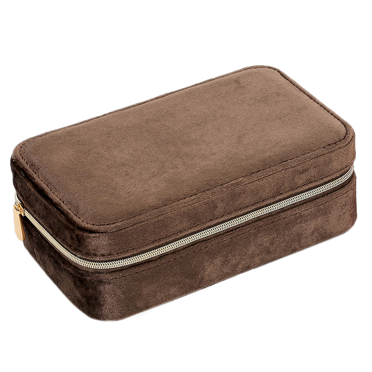 Luxe sieradenbox in de kleur bruin uitgevoerd met een goudkleurige rits sluiting en verschillende vakjes. Een compacte box om verschillende sieraden in op te bergen.