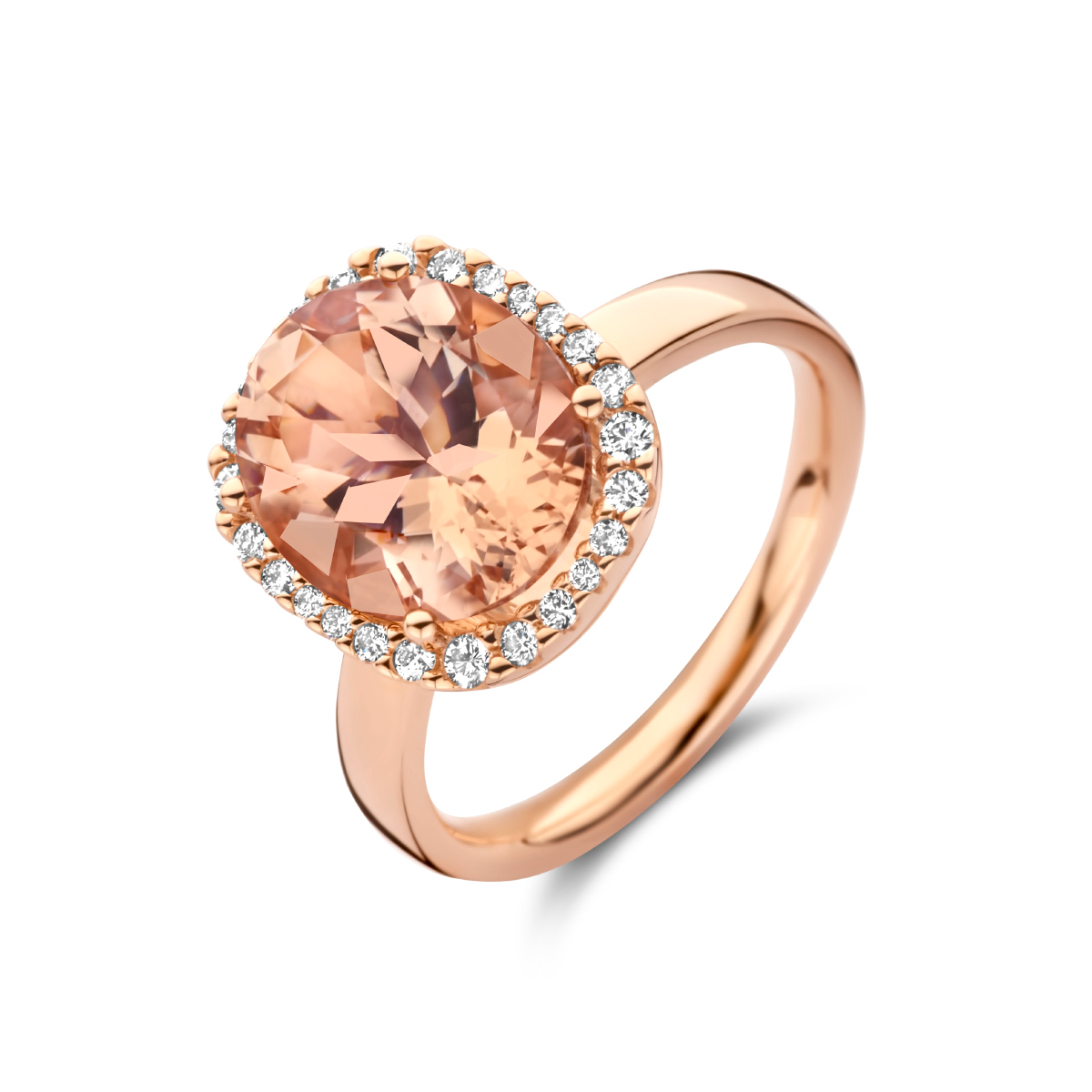 14 karaats rosé gouden ring met diamant 0.25 ct H-SI en een ovale morganiet

