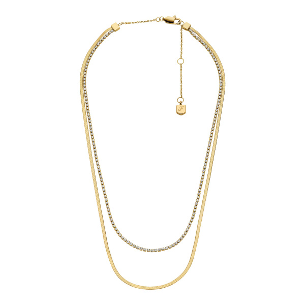 Deze goudkleurige, roestvrijstalen meerstrengsketting heeft een gepolijste afwerking en een naadloos gelaagd effect, wat zorgt voor een moderne en verfijnde look. De tennisketting van pavékristallen zorgt voor een subtiele glans en creëert een visueel interessant element langs de delicate visgraatketting. Een verstelbare karabijnsluiting zorgt voor gemakkelijk en betrouwbaar dragen en maakt het sieraad af met praktische en ingetogen details.