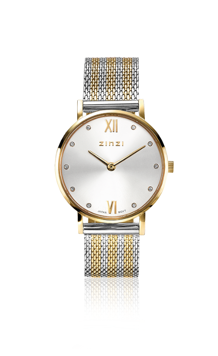 Het ZINZI Lady Crystal horloge is het kleinste model van de ZINZI horloges. Met zijn geheel geelgoudkleurige stalen kast van 28mm oogt dit horloge elegant op iedere pols. De zilvergekleurde wijzerplaat is bezet met schitterende witte crystals bij de uuraanduiding. De platte ronde stalen geelgoudkleurige kast (28mm) en de romeinse cijfers zorgen voor een classic en elegante look. Voorzien van een bicolor stalen mesh band (14mm).