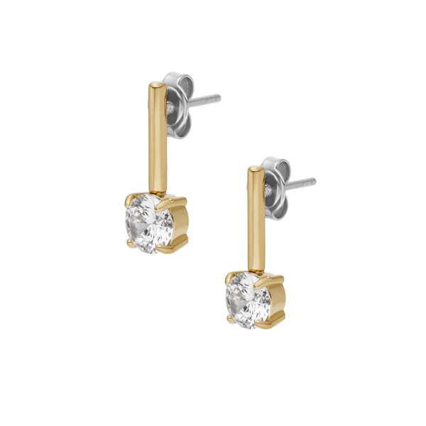 Dit zorgvuldig vervaardigde sieraad combineert eigentijdse materialen met een speelse maar verfijnde esthetiek. Deze oorbellen zijn gemaakt van gepolijst goudkleurig roestvrij staal, geaccentueerd met een glinsterende zirkonia die bij elke beweging het licht vangt. Een staafsluiting zorgt voor een veilige pasvorm, terwijl de lichtgewicht constructie de hele dag comfort biedt.
