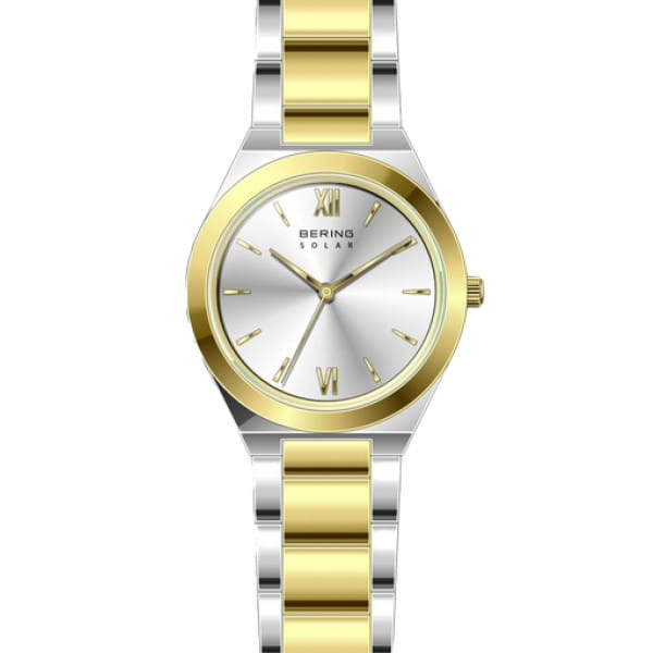  Het BERING dameshorloge 19932-710 verenigt Scandinavische eenvoud met een vleugje gouden luxe. Het stijlvolle tweekleurige ontwerp in zilverkleurig roestvrij staal met goudaccenten straalt elegantie en verfijning uit. De zilveren wijzerplaat met subtiele glans, voorzien van slanke markeringen en Romeinse cijfers, benadrukt het tijdloze karakter van dit horloge.  Met zijn zonneceltechnologie laadt het horloge zichzelf op via zon- of kunstlicht, waardoor een batterijwissel niet meer nodig is. Het krasbestendige saffierglas beschermt de wijzerplaat en behoudt zijn helderheid jarenlang.  De BERING 19932-710 is een perfecte combinatie van duurzaamheid, vrouwelijkheid en Scandinavisch design – een stijlvolle keuze voor elke gelegenheid. 