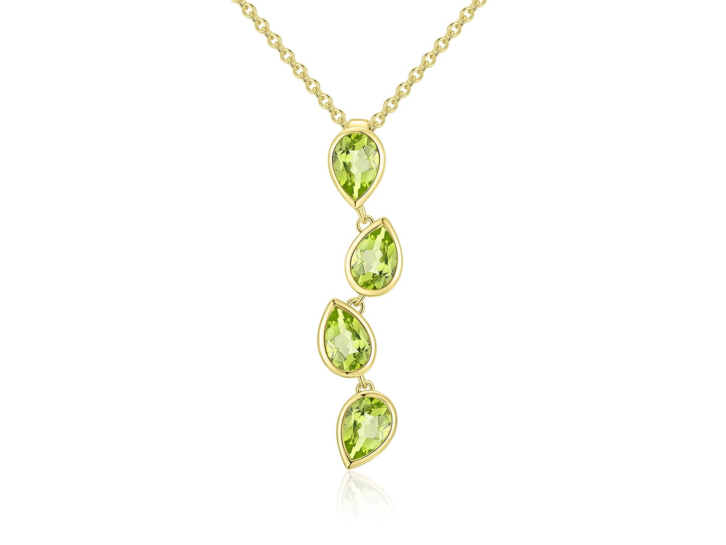 Quinn - 14kt geelgouden collier met fantasie hanger met 4 Teardrop Peridot (6x4mm) edelstenen, 42/45cm - 527985947