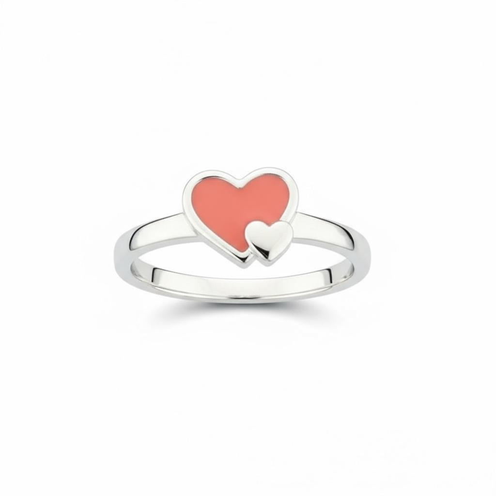 Gerhodineerd zilveren ring met rode en roze emaille hart. De ring heeft een scheen van 1.6mm en een breedte van 5.5mm en is verkrijgbaar in verschillende maten. De ring is te combineren met bijpassende sieraden uit onze collectie.