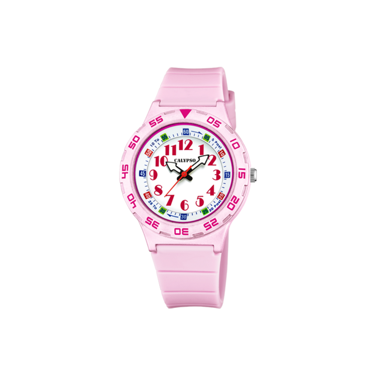 Een stoer kinderhorloge waarmee ze nooit meer te laat komen!
Kunststof kast met een rubber band en aangeduid met arabische cijfers. Tot wel 10 ATM waterdicht!