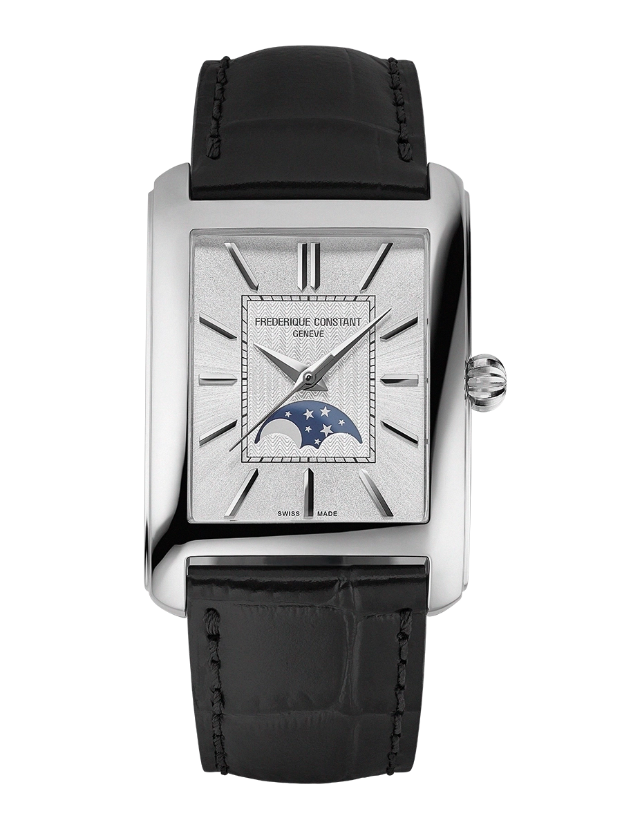 Dit Frederique Constant horloge behoort tot de Carree collectie.
Referentienummer: FC-333S4C6

De nieuwe Classics Carrée Moonphase Automatic belichaamt de tijdloze elegantie van de jaren 20 en 30 en is een levendig eerbetoon aan de art-decostijl. Voor het eerst is dit iconische Frederique Constant-model voorzien van de kostbare complicatie van de maanfase, poëtisch zichtbaar op 6 uur. De rechthoekige kast van gepolijst staal van 42,30 x 30 mm heeft een zilveren zonnewijzerplaat met een delicaat guilloché-chevronpatroon. Aangedreven door het automatische kaliber FC-333 biedt dit verfijnde horloge een gangreserve van 38 uur en combineert het horlogemakerstraditie met een eigentijds design.