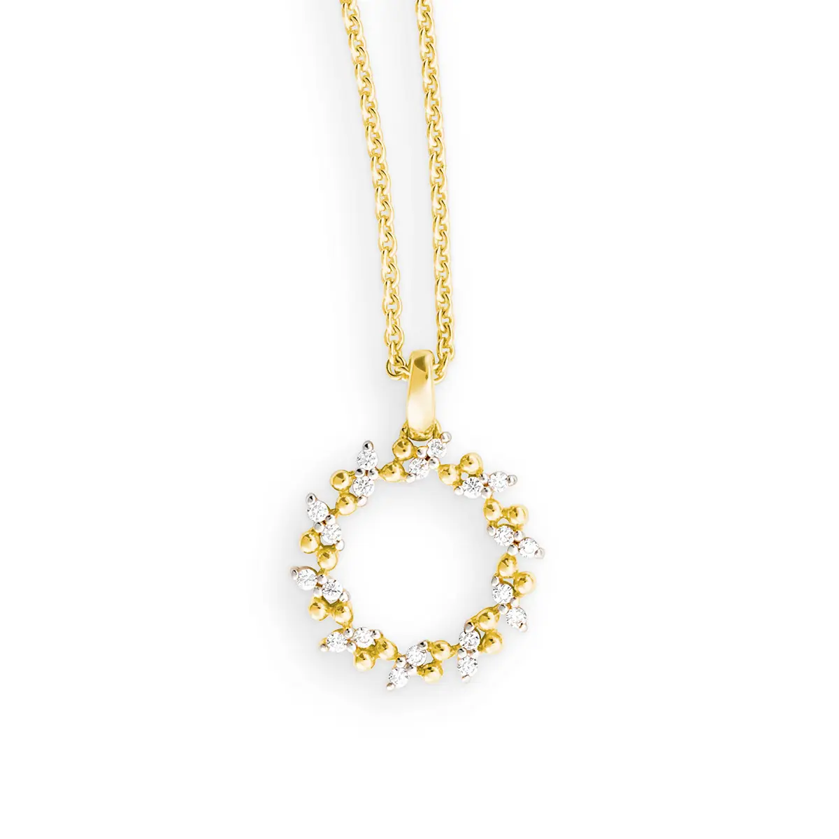 Deze prachtige hanger uit onze kerncollectie combineert de verfijnde schoonheid van 585 geel- en witgoud met de stralende schittering van witte zirkonia. Met een elegante diameter van 12 mm voegt hij een subtiele luxe touch toe aan elke outfit.