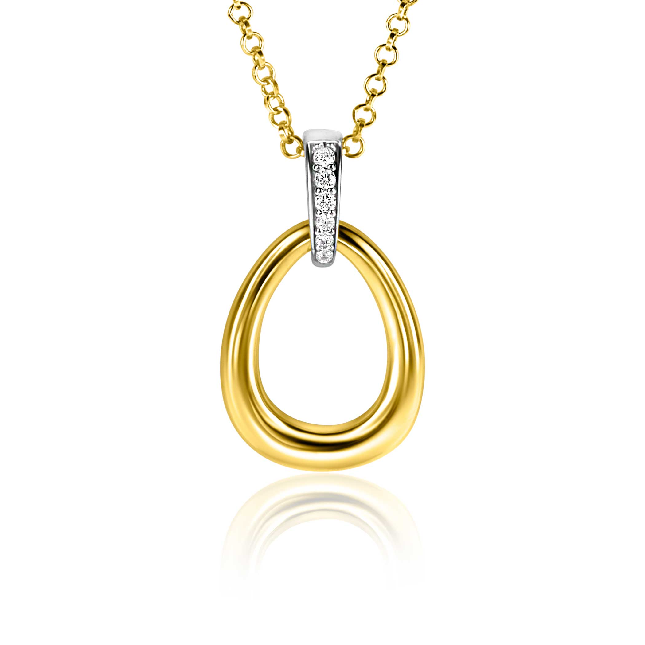ZINZI gold plated zilveren luxe bicolor hanger (26mm) met een open gladde druppelvorm. Het hangoog is bezet met kleine witte zirconia's. Combineer met een ketting naar wens. De hanger is exclusief collier geprijsd. Vervaardigd van eerste gehalte zilver (925) en voorzien van een extra geel vergulding.