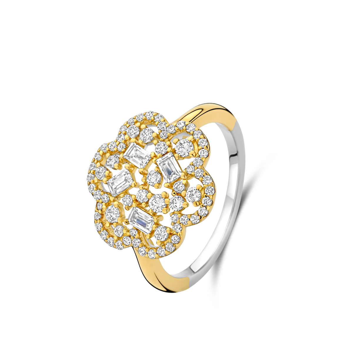 De Naiomy verguld zilveren ring met bloemmotief is een elegante ring van 925 sterling zilver, verguld voor een gouden glans. Draag hem solo voor een subtiele look of combineer met andere ringen voor een trendy stijl.