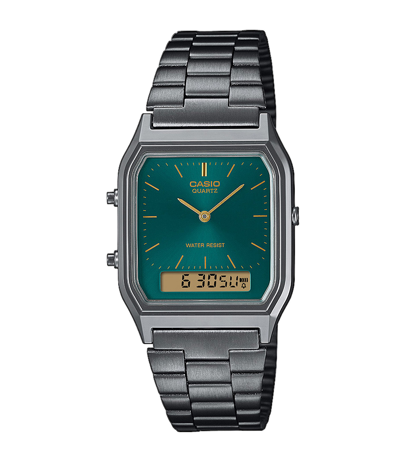 De AQ-230EGG-3AEF is een stijlvolle horloge met een grijze PVD roestvrijstalen milanese mesh band en een rechthoekige grijze PVD kast van kunsthars. Het heeft een groen analoog-digitaal display met strepen en biedt functies zoals een datumweergave en verlichting. Waterbestendig tot niveau 3, ideaal voor dagelijks gebruik. Draag het om je pols voor een moderne look.