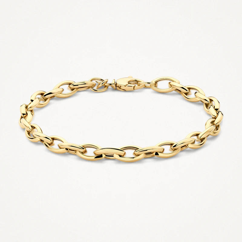 Ontdek deze schitterende 14k geelgouden schakelarmband van 18.5 cm. De jasseron schakels, met een robuuste materiaaldikte van 1.8 mm, creëren een tijdloze uitstraling. Deze armband voegt een klassiek, maar toch modern accent toe aan jouw look. Perfect om te dragen of cadeau te geven!