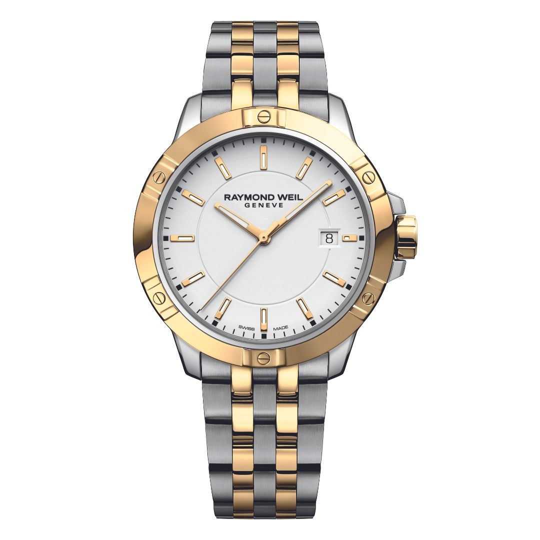 De Raymond Weil Tango Horloge model 8160-STP-30041 is een stijlvolle polshorloge met Zwitsers kwarts uurwerk, analoge indicatie en saffierglas. Hij is nikkelvrij, antiallergisch en waterbestendig tot 30 meter. Met zijn goud-zilverkleurige roestvrijstalen kast en band is hij perfect voor zowel formele als informele gelegenheden. Ideaal om dagelijks te dragen met zakelijke of chique outfits.